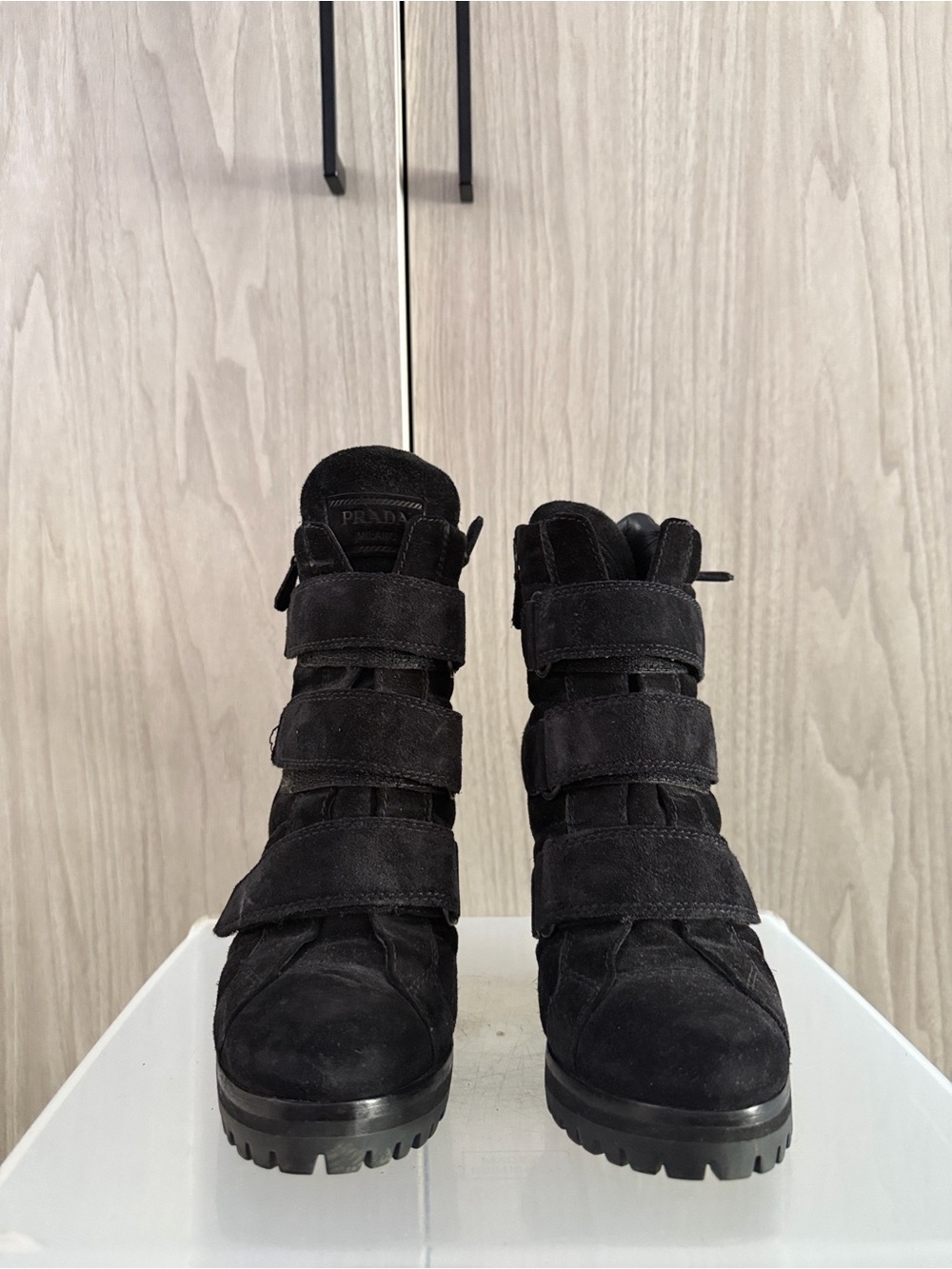 Prada Black Suede Triple-Strap Combat Ankle Boots - Women's - Picture 1 of 8
